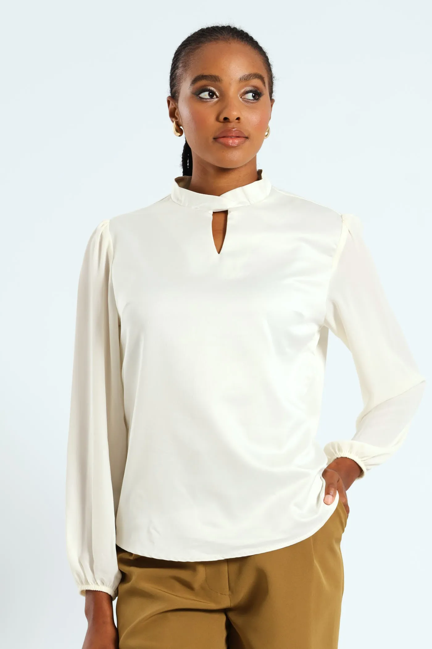 Hi Neck Keyhole Combo Blouse - Cream sold by Edgars