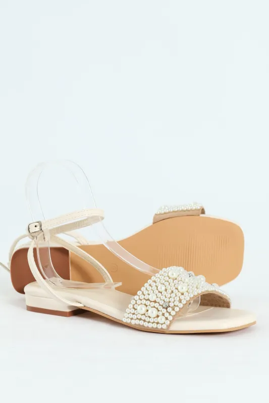 Pearl Detail Low Block Heel Sandal - White sold by Edgars