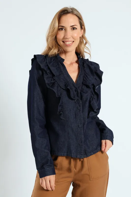 Long Sleeve Denim Frill Button Through Shirt - Ink sold by Edgars