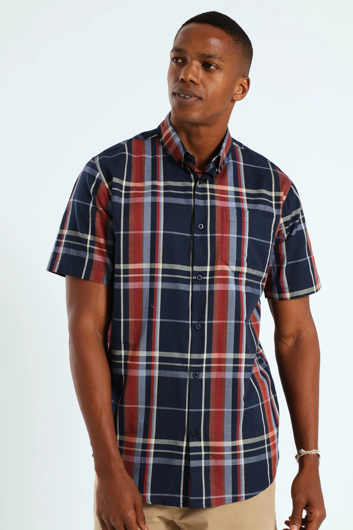 Windowpane Check Shirt - Navy/Steel Blue/Dark Red sold by Edgars