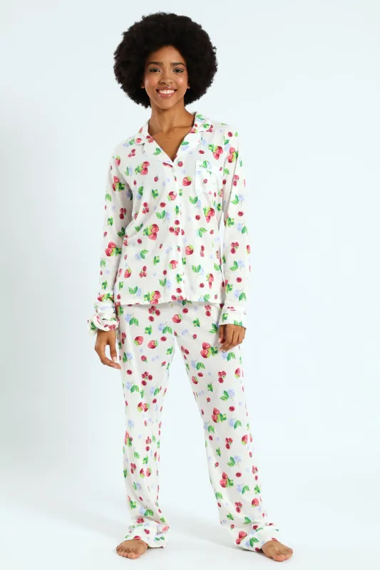 Long Sleeve Button Thorugh & Knit Pant Set With Scrunchie - White sold by Edgars 