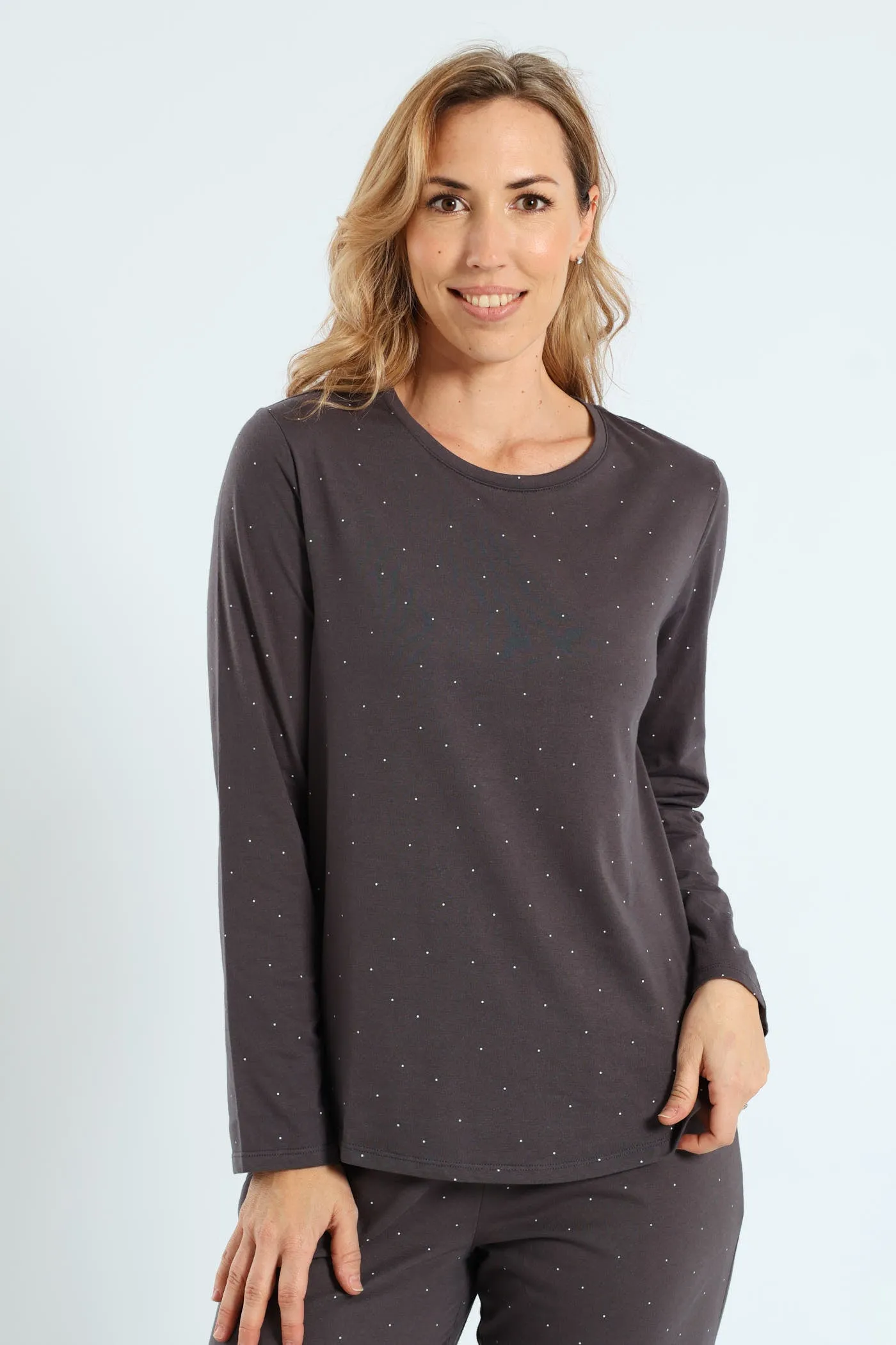 Long Sleeve Micro Spot Knit Tee - Charcoal sold by Edgars