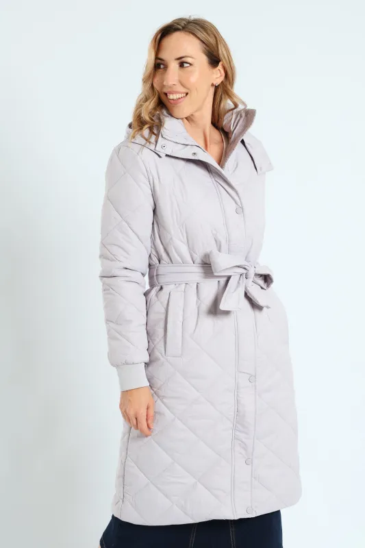 Long Length Tonal Zip Quilted Puffer Jacket - Silver Grey sold by Edgars 