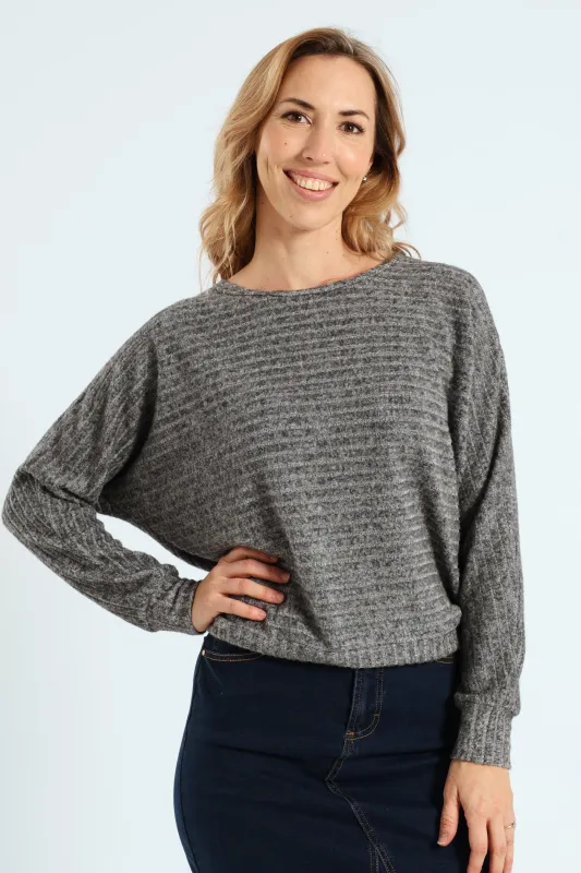 Long Sleeve Dolman Sleeve Ribbed Top - Grey Melange sold by Edgars 