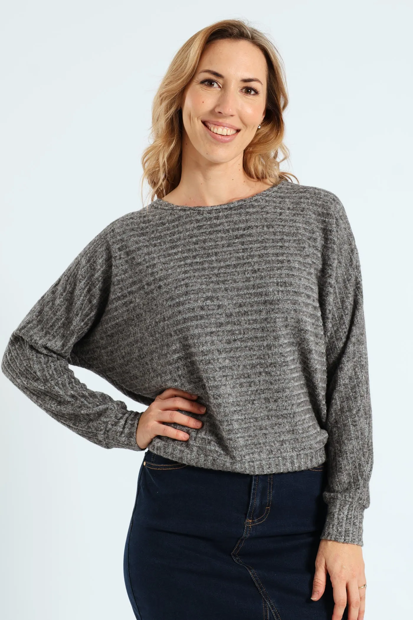 Long Sleeve Dolman Sleeve Ribbed Top - Grey Melange sold by Edgars