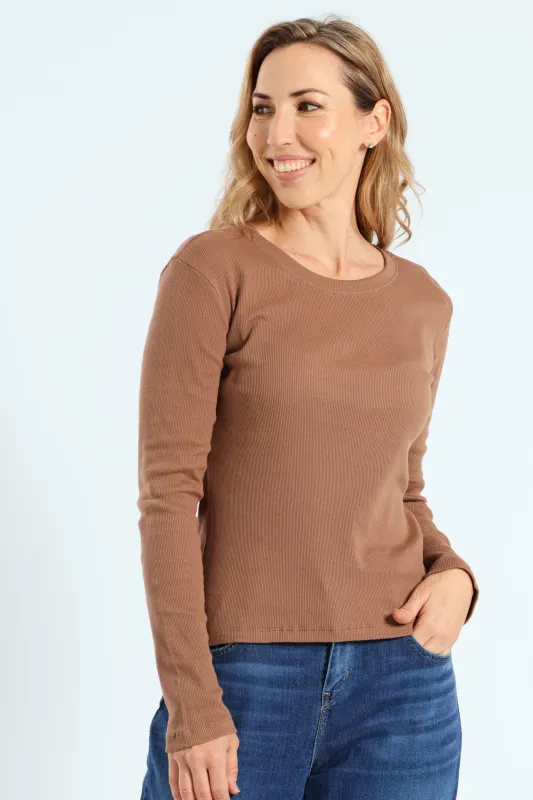 Long Sleeve Rib Crew Top - Rich Cocoa sold by Edgars