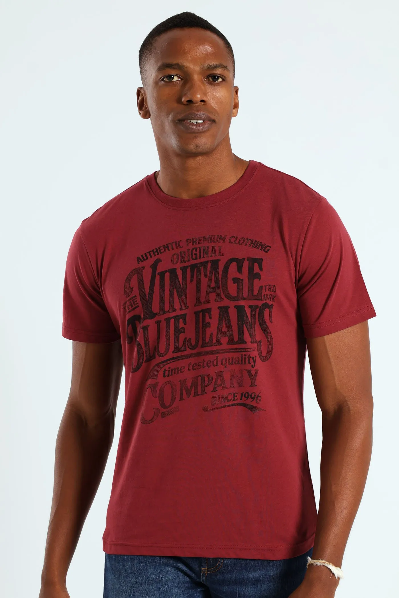 Vintage Blue Jeans Tee - Burgundy sold by Edgars