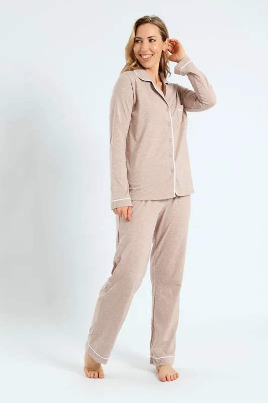 Long Sleeve Button Through & Knit Pant Set - Oatmeal sold by Edgars 