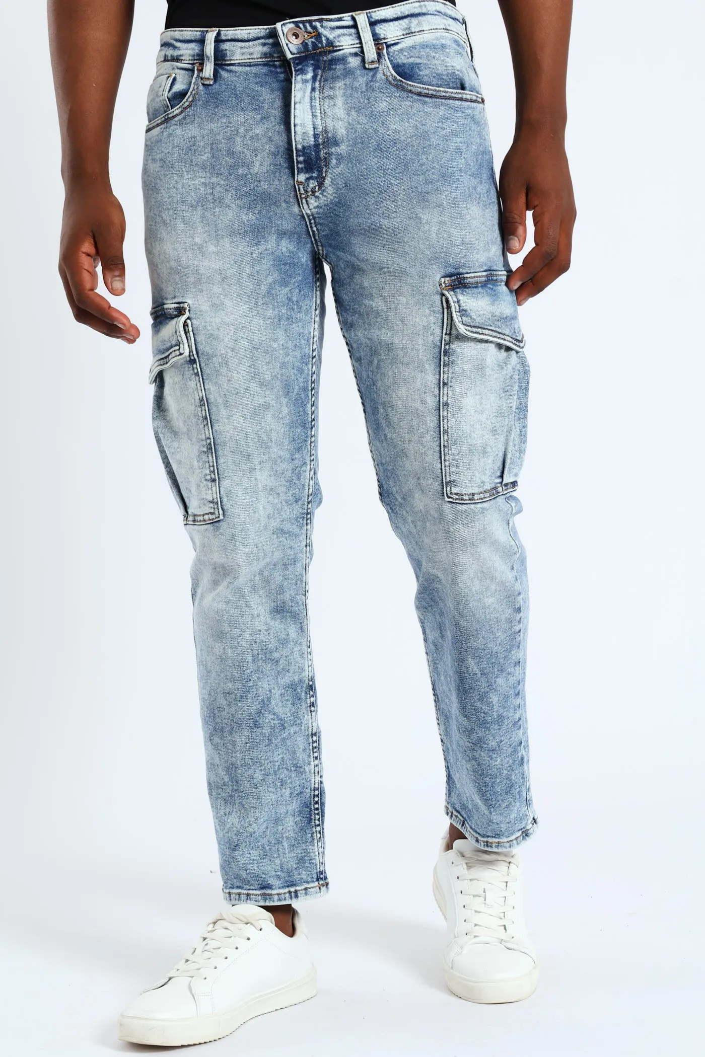 Slim Fit Cargo Stretch Denim - Mid Blue sold by Edgars