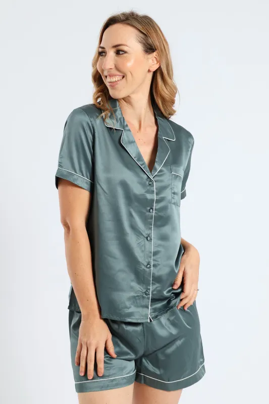 Button Through Short Set Satin - Mid Green sold by Edgars