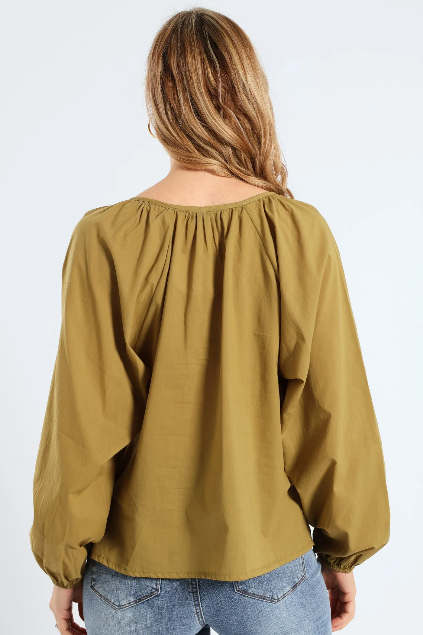 Long Sleeve Tie-Neck Voile Boho Blouse - Olive sold by Edgars product image thumbnail 3