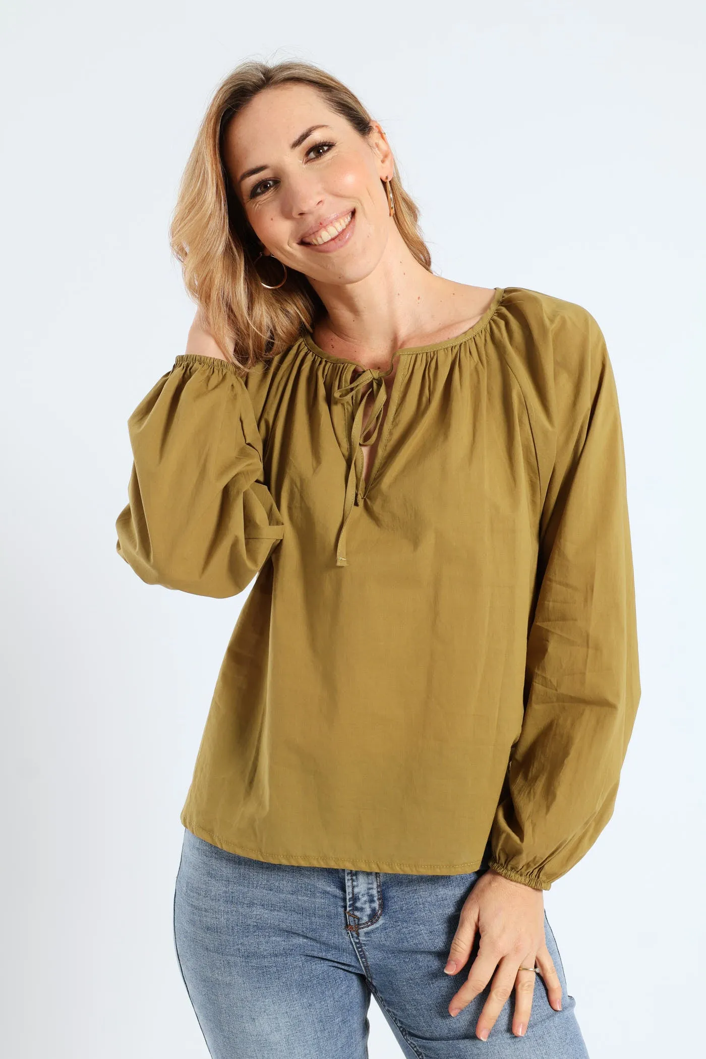 Long Sleeve Tie-Neck Voile Boho Blouse - Olive sold by Edgars