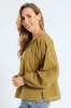 Long Sleeve Tie-Neck Voile Boho Blouse - Olive sold by Edgars 