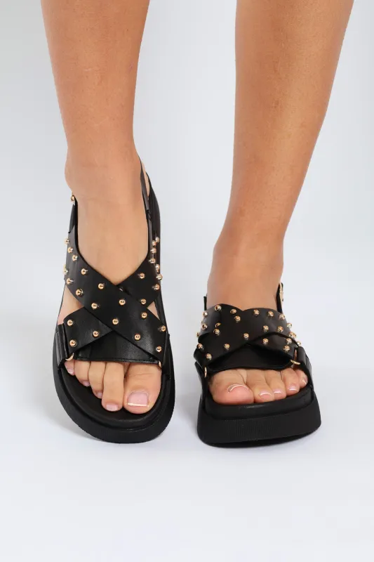Studded Slingback Crosstrap Sandal On Footbead - Black sold by Edgars