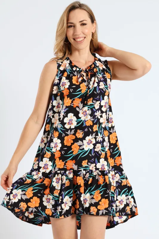 Frill Neck Drop Printed Hem Dress - Black sold by Edgars