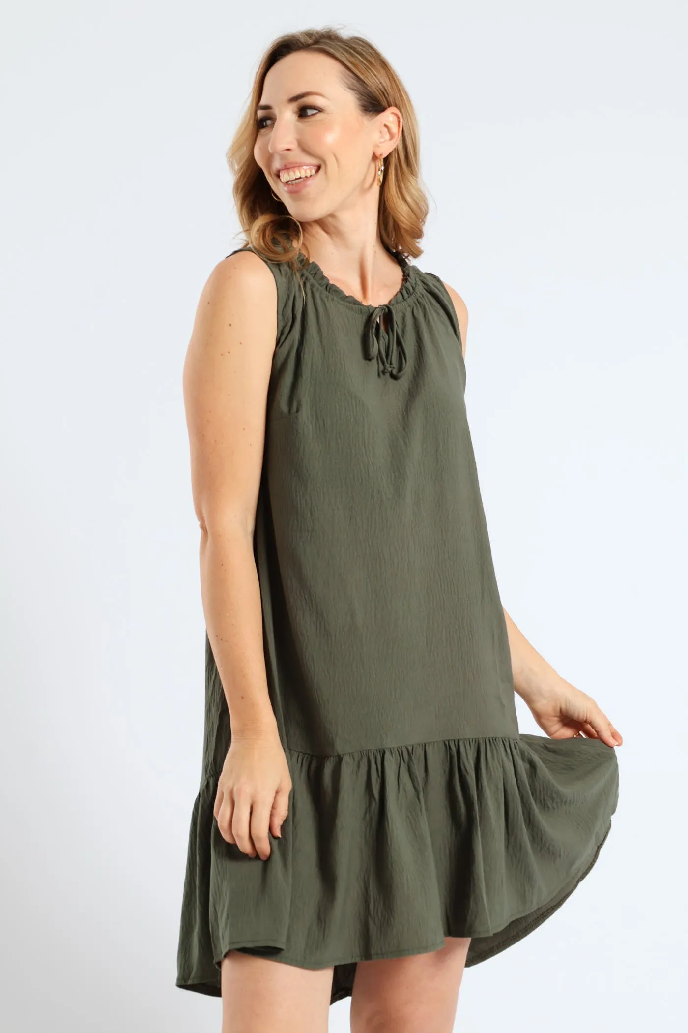 Frill Neck Drop Hem Dress - Light Fatigue sold by Edgars