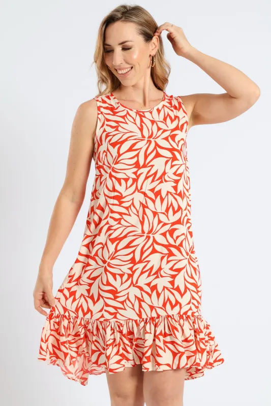 Frill Hem Hi-Lo Printed Shift Mini Dress - White/Orange sold by Edgars