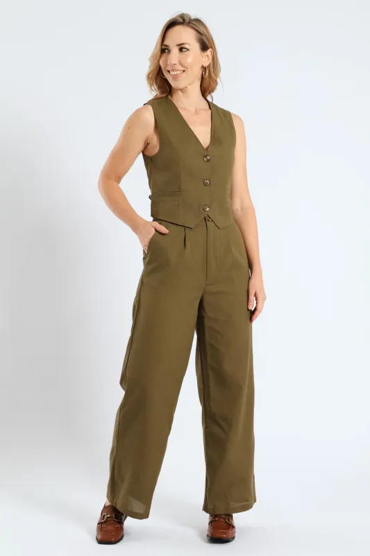 Pintuck Tailored Wide Leg Linen Pants - Burnt Olive sold by Edgars