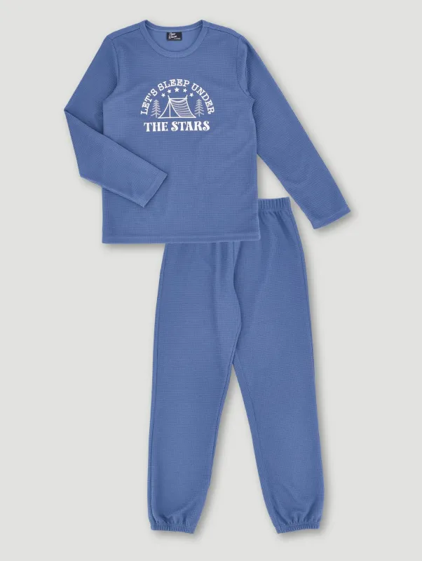 Boys Long Sleeve Long Bottom Waffle Sleep Set - Blue sold by Edgars 