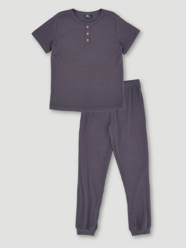 Boys Short Sleeve Long Bottom Ribbed Sleep Set - Grey sold by Edgars