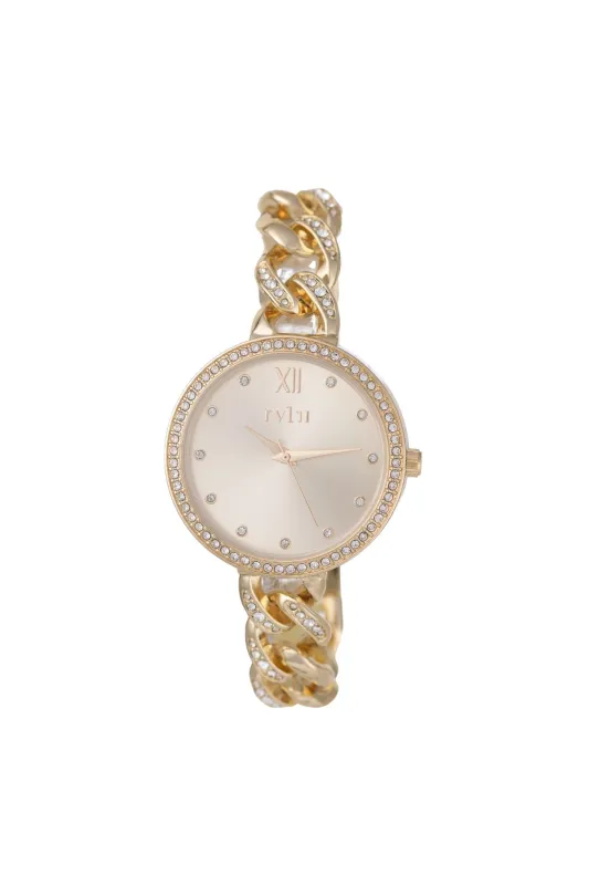 36mm Stone & Gold Case & Champ Dial Watch With Chain Bracelet - Gold sold by Edgars