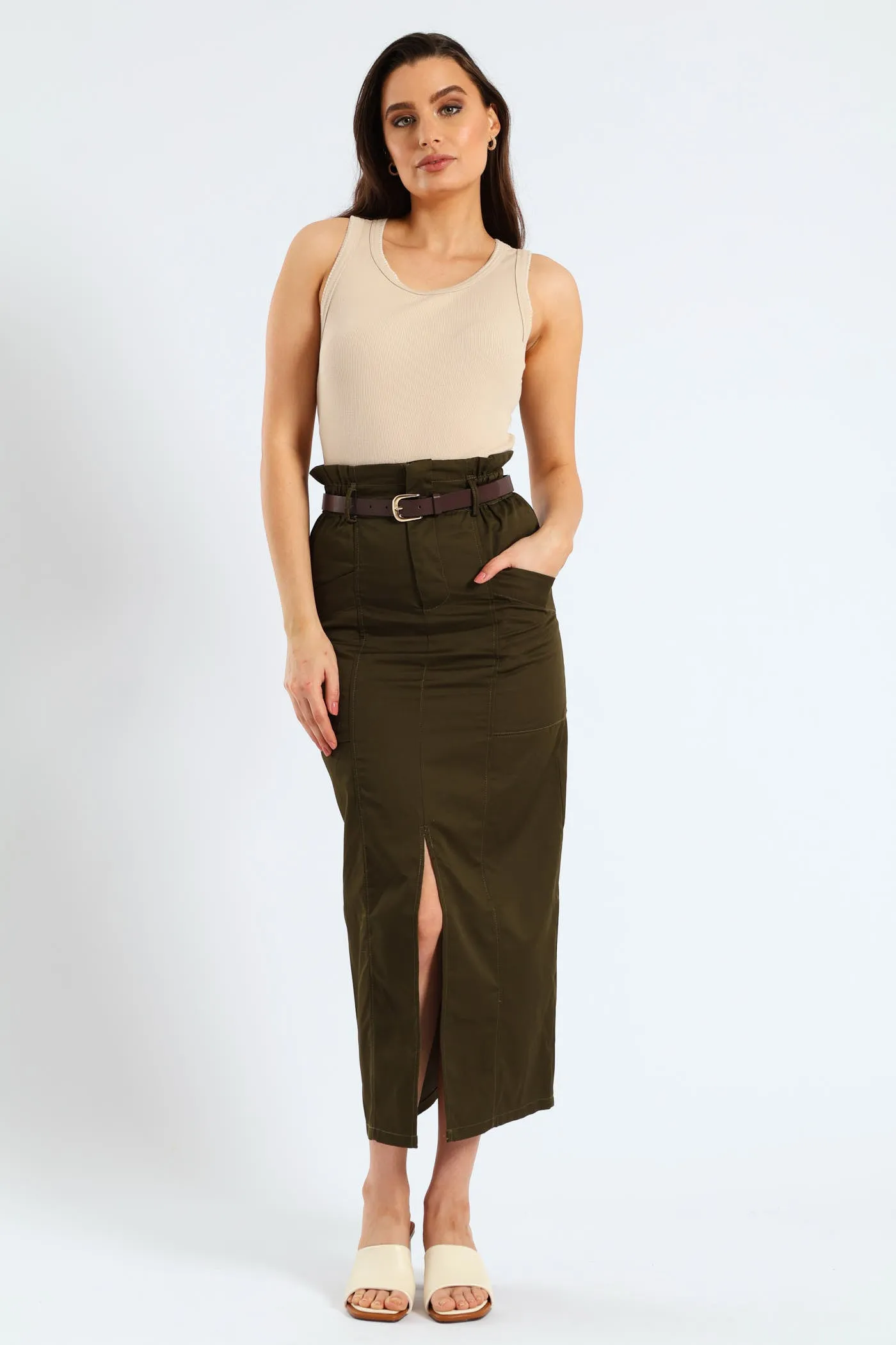 Belted Paperbag Front Slit Structured Midaxi Pencil Skirt - Fatigue sold by Edgars