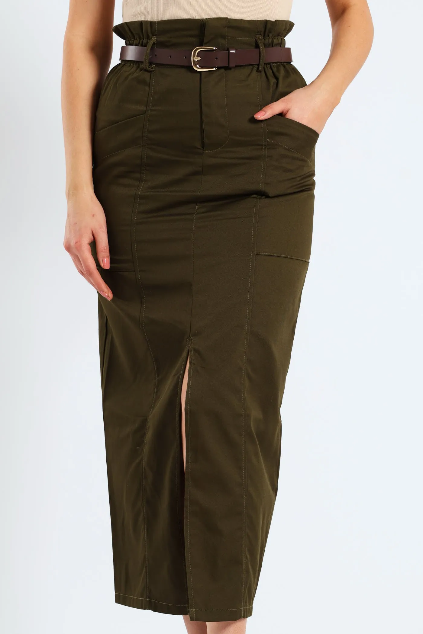 Belted Paperbag Front Slit Structured Midaxi Pencil Skirt - Fatigue sold by Edgars product image thumbnail 2