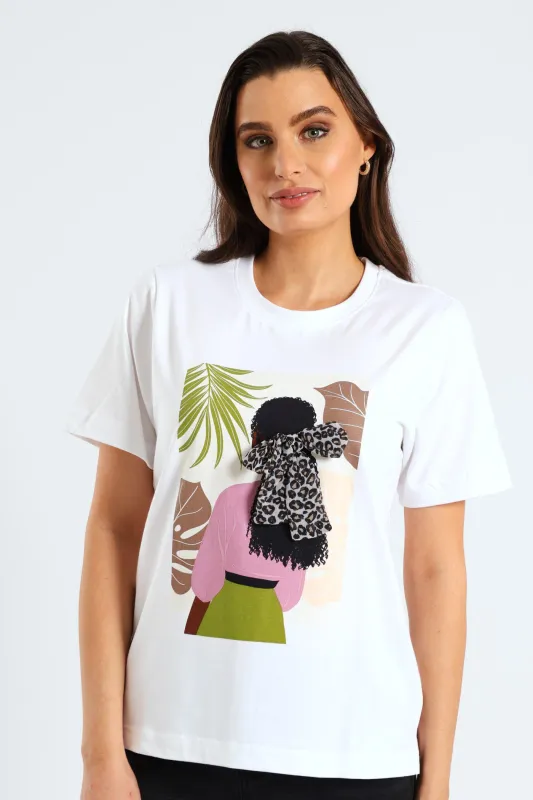 Hair Bow Lady Potrait Rib Neck Boxy Tee - White sold by Edgars