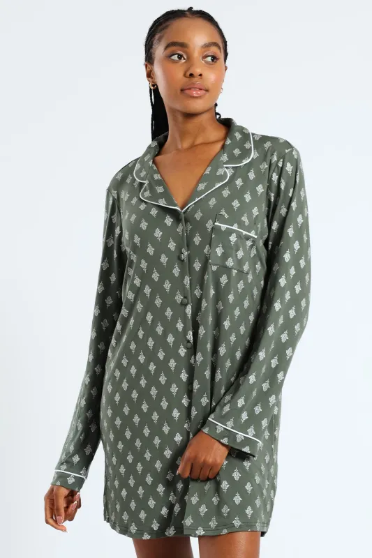 Soft Touch Silver Fern Button Through Sleep Shirt - Mid Green sold by Edgars
