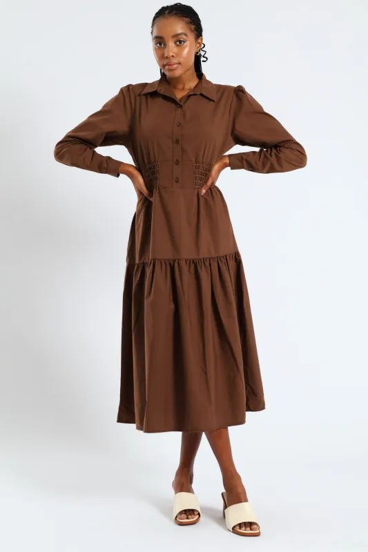 Long Sleeve Shirred Waist Tiered Midi Dress - Dark Brown sold by Edgars