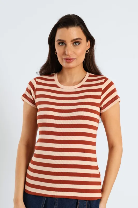Rib Fitted Stripe Tee - Cinnamon sold by Edgars