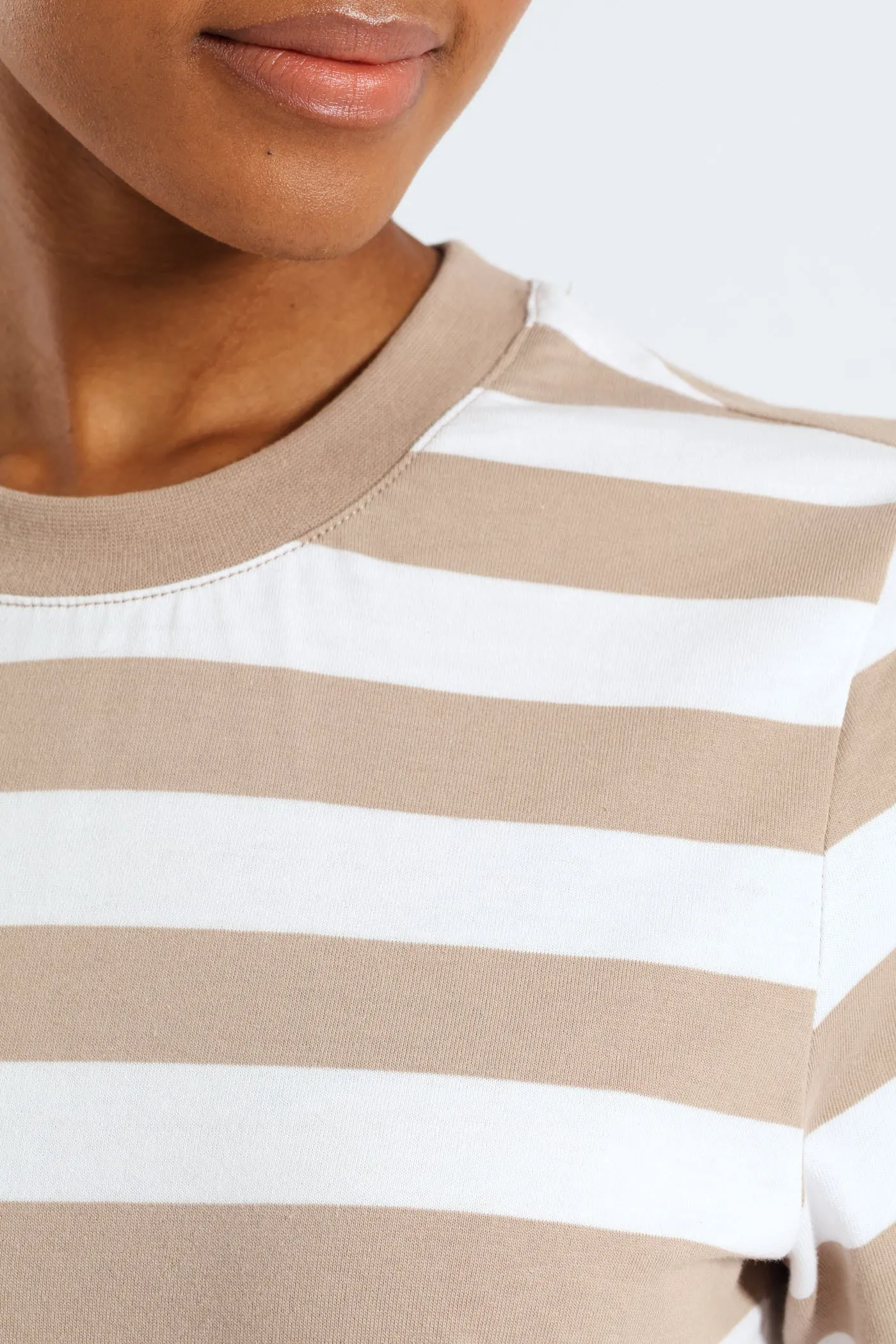 Plain Rib Neck Bold Stripe Boxy Tee - White/Mocha sold by Edgars product image thumbnail 4