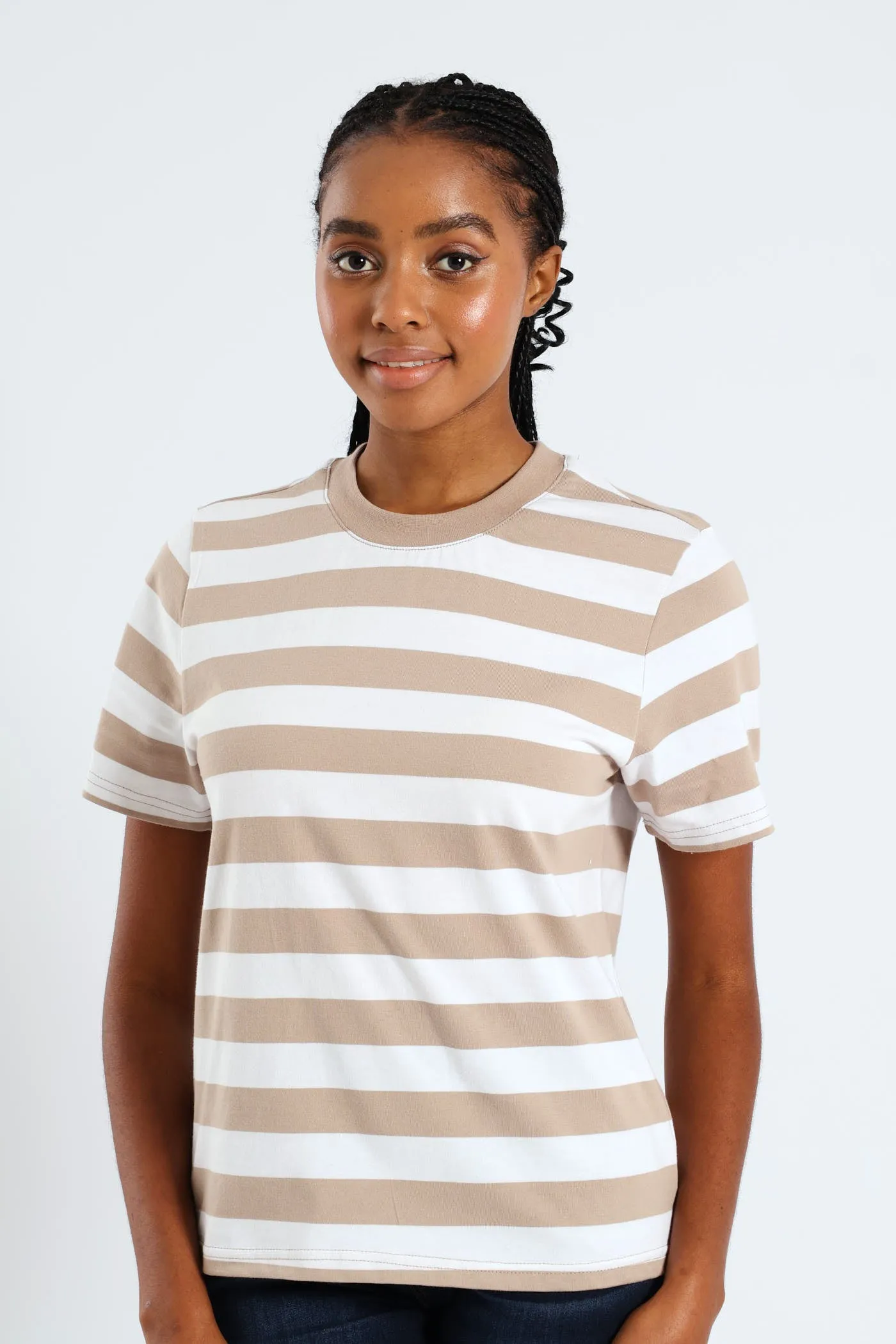 Plain Rib Neck Bold Stripe Boxy Tee - White/Mocha sold by Edgars
