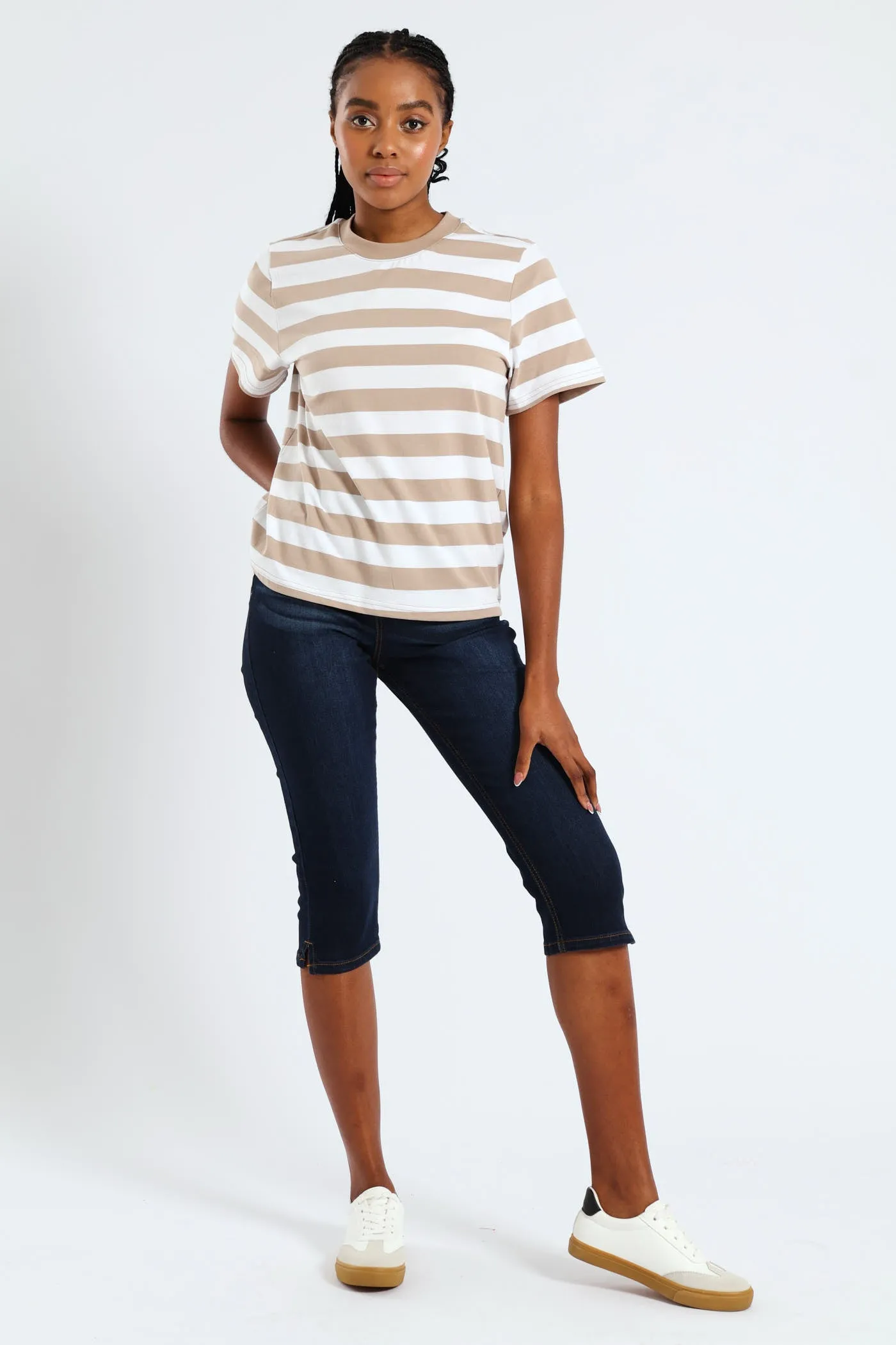 Plain Rib Neck Bold Stripe Boxy Tee - White/Mocha sold by Edgars product image thumbnail 5