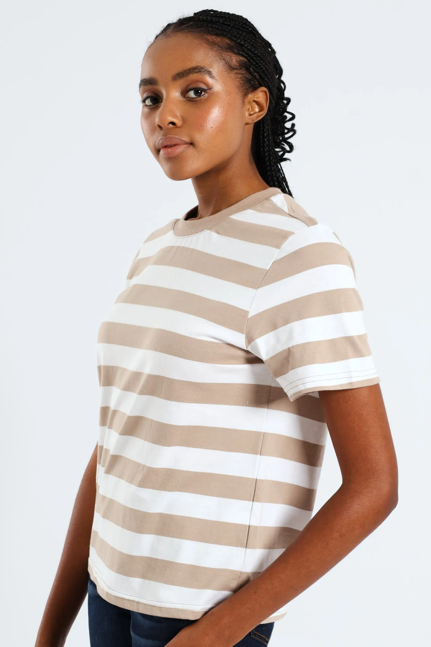 Plain Rib Neck Bold Stripe Boxy Tee - White/Mocha sold by Edgars product image thumbnail 2