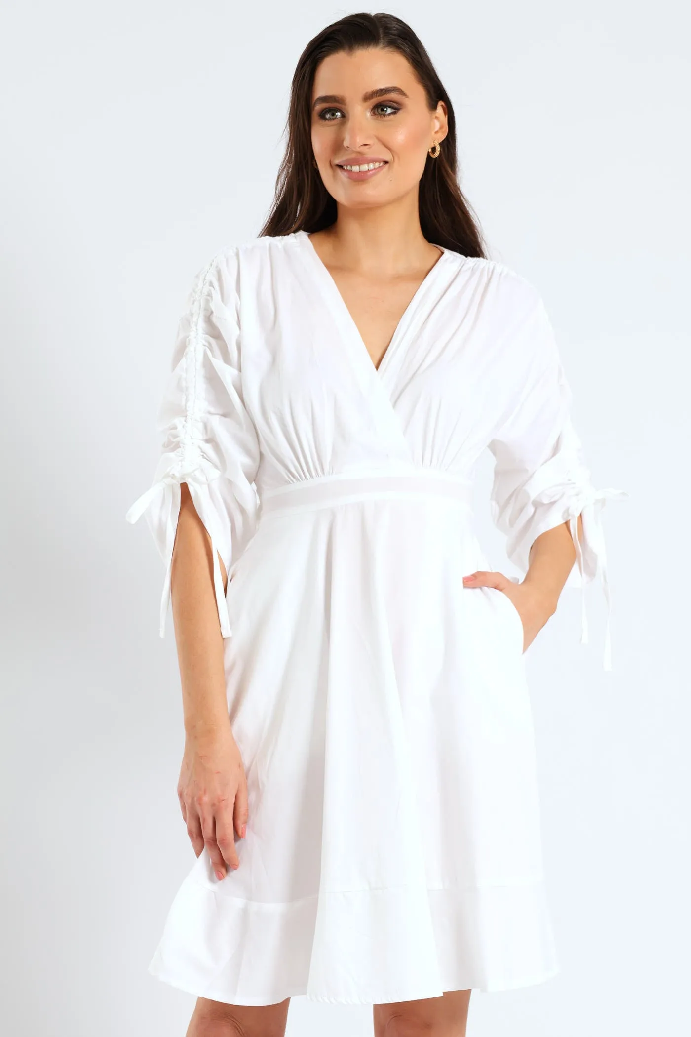 3/4 Ruched Balloon Sleeve Belted Kimono Fit & Flare Mini Dress - White sold by Edgars