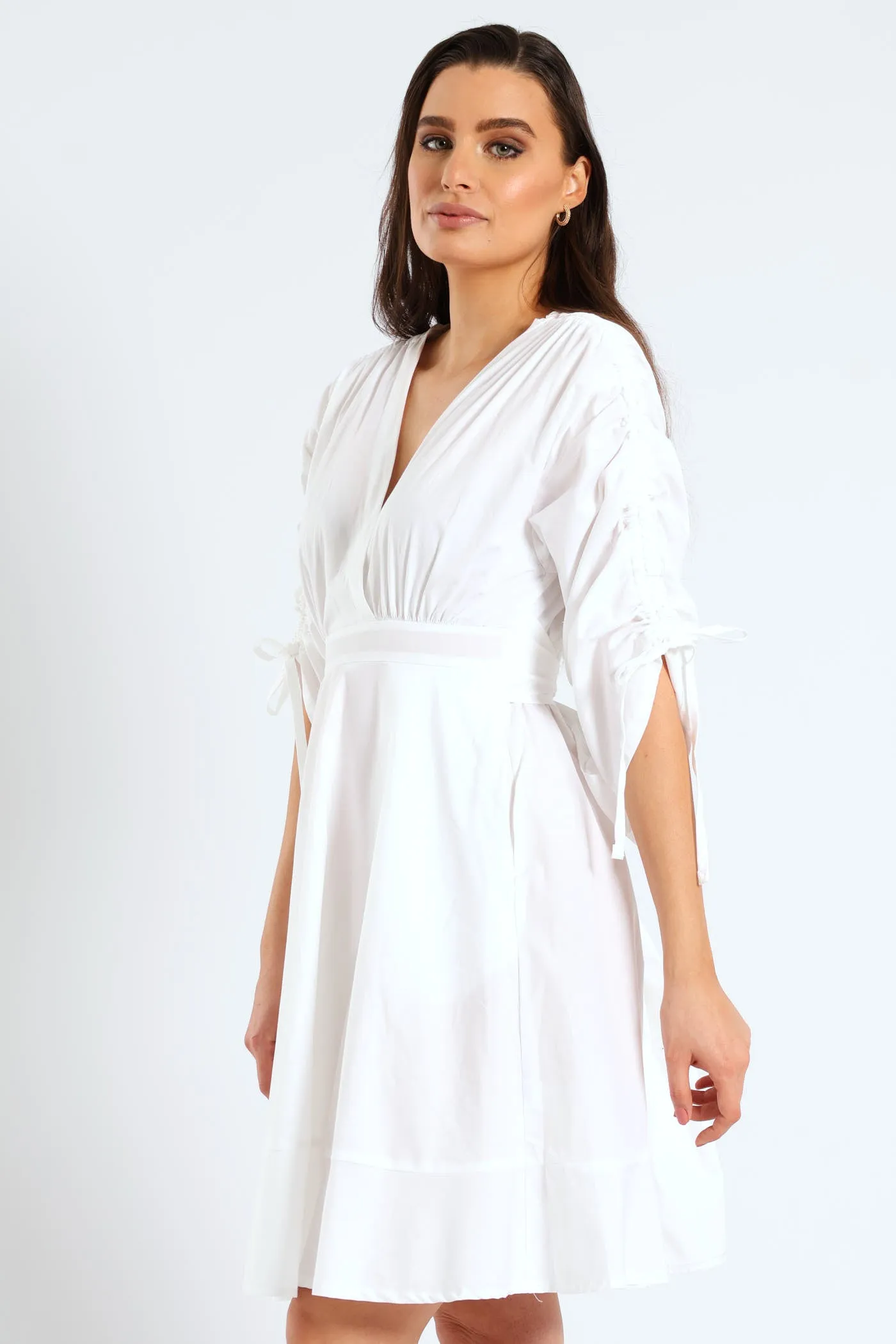 3/4 Ruched Balloon Sleeve Belted Kimono Fit & Flare Mini Dress - White sold by Edgars product image thumbnail 3