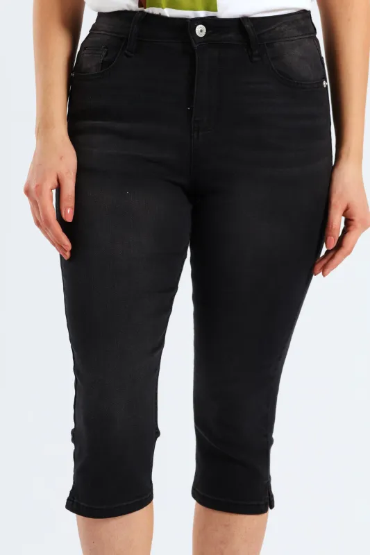 Split Hem Skinny Supersoft Denim Capri Shorts - Black sold by Edgars