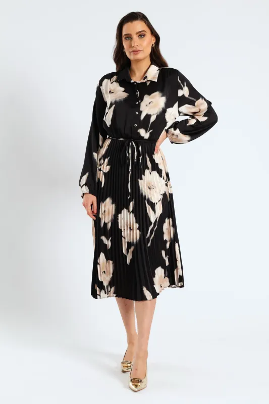 Monochrome Satin Pleated Maxi Dress - Black/Cream sold by Edgars