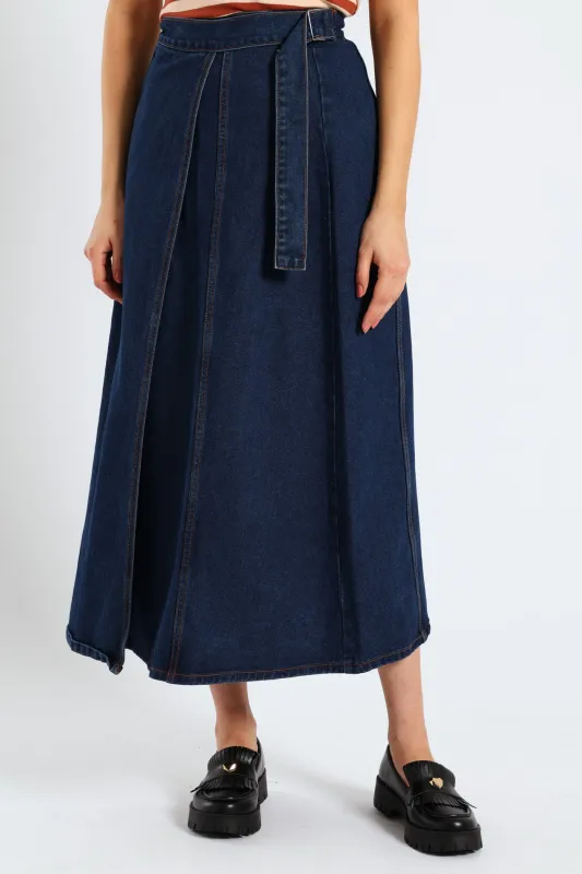 Self Belt Denim Wrap Cargo Pocket Maxi Skirt - Dark Wash sold by Edgars