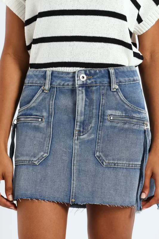 Zip Detail Denim Mini Skirt - Salty Dark Wash sold by Edgars