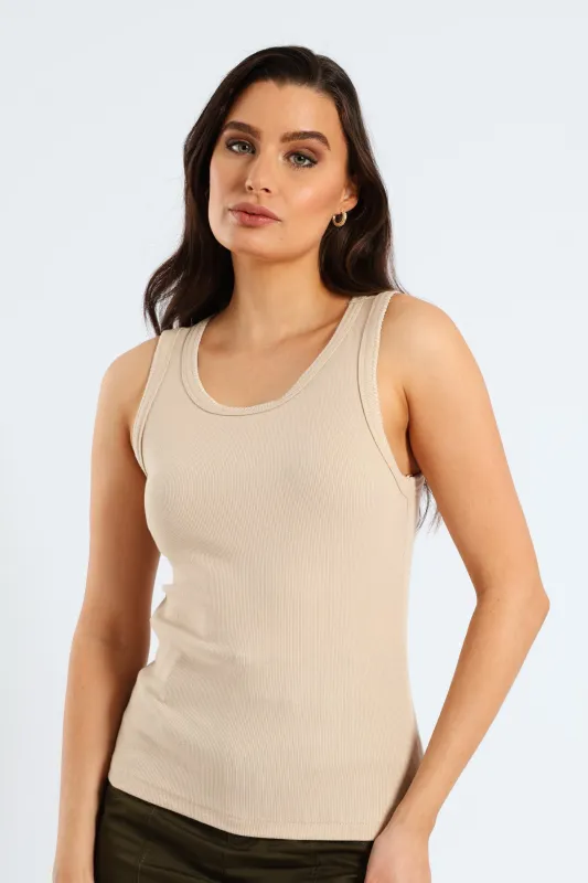 Stitch Edge Detail Rib Tank Top - Stone sold by Edgars