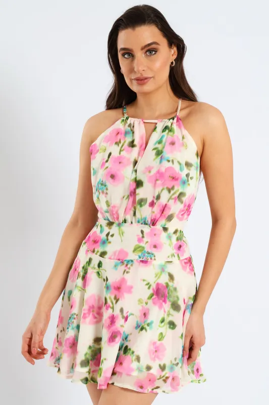 High Neck Drop Waist Blouson Mini Dress - Off White sold by Edgars