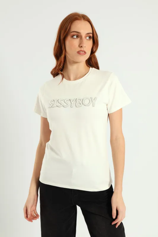 Rumours Regular Fit Pearl & Bling Logo Top - White sold by Edgars 