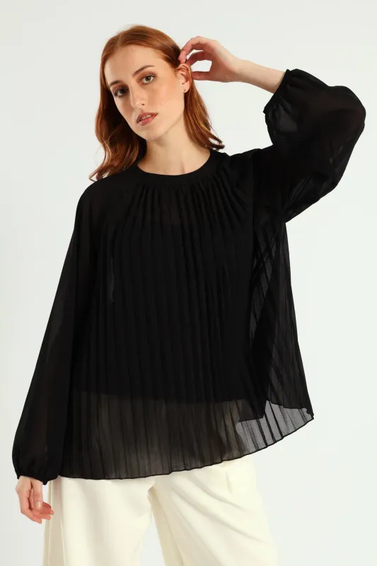 High Neck Pleated Chiffon Blouse - Black sold by Edgars