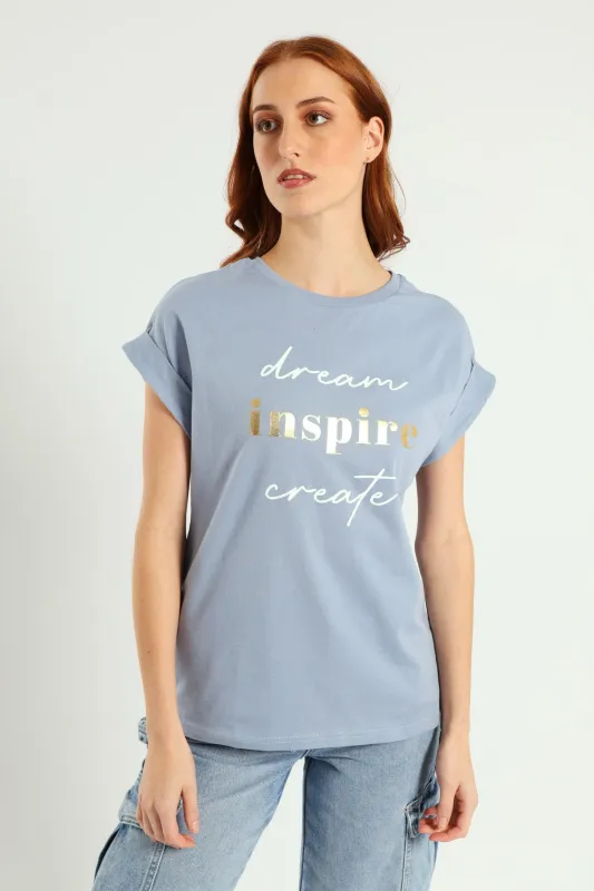 Dream Create Inspire Foil Muscle Tee - Pale Blue sold by Edgars