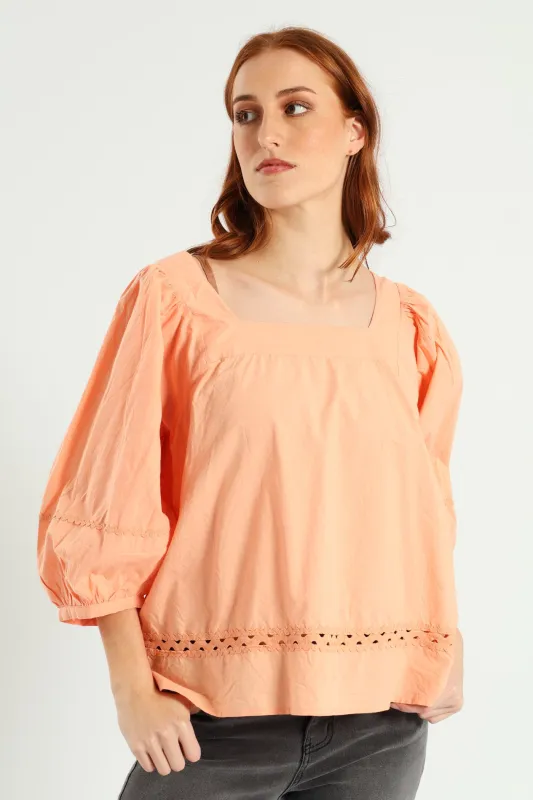 Balloon Sleeve Rick-Rack Detail Square Neck Blouse - Light Coral sold by Edgars