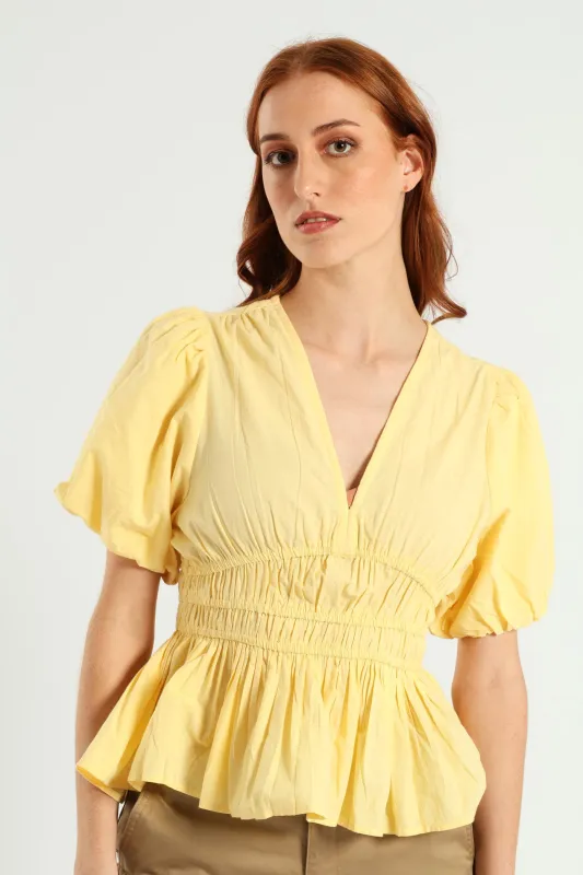 Bubble Sleeve V-Neck Peplum Blouse - Light Yellow sold by Edgars