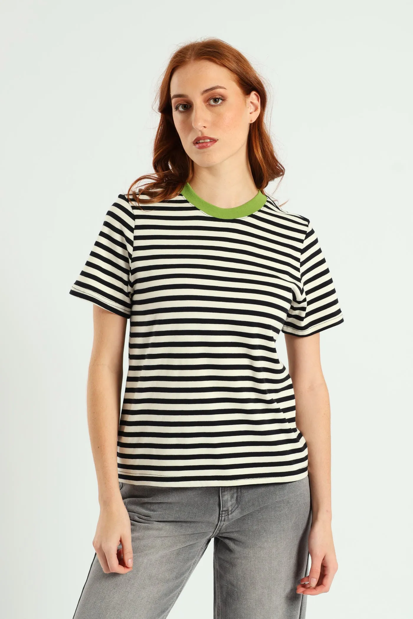 Contrast Rib Nack Stripe Boxy Tee - Black/Beige sold by Edgars