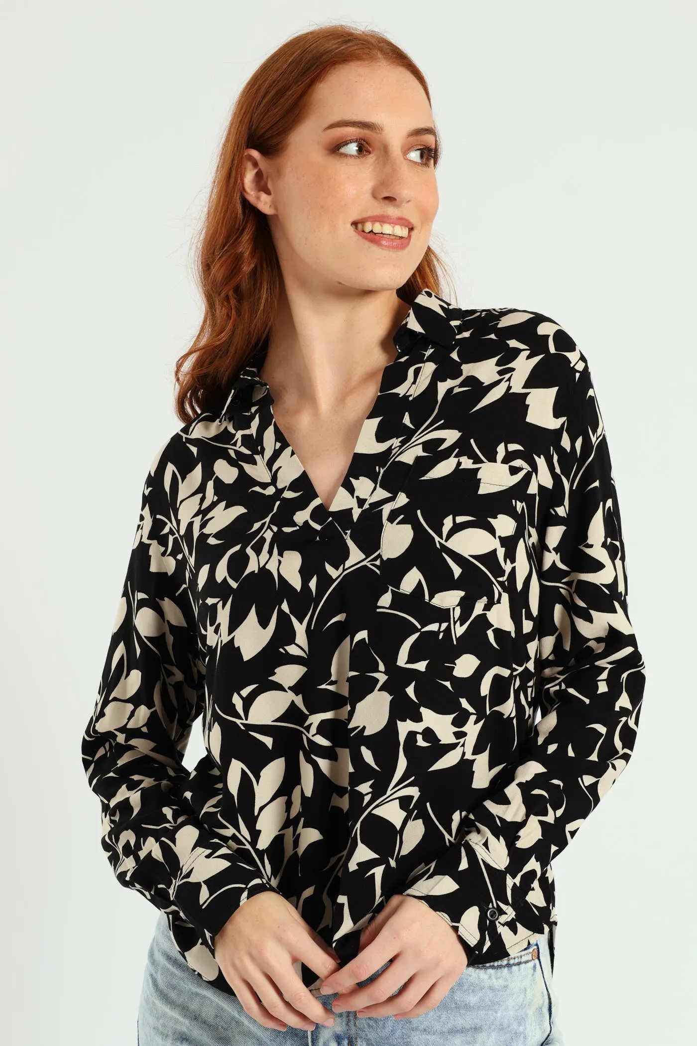 Half Placket Printed Popover Blouse - Black/Cream sold by Edgars